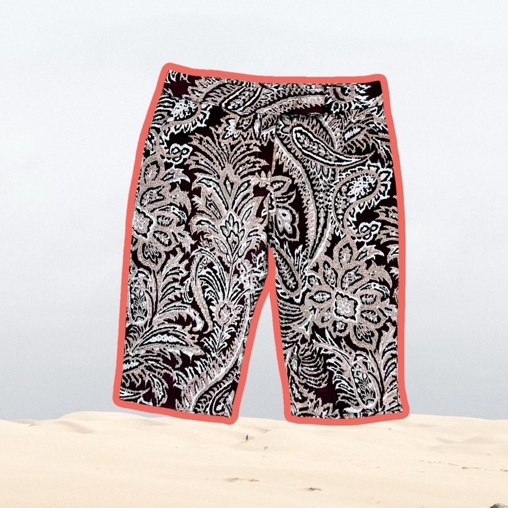Oscar de la Renta Brown & Tan Floral Paisley Print Cotton-Blend Bermuda Short 12